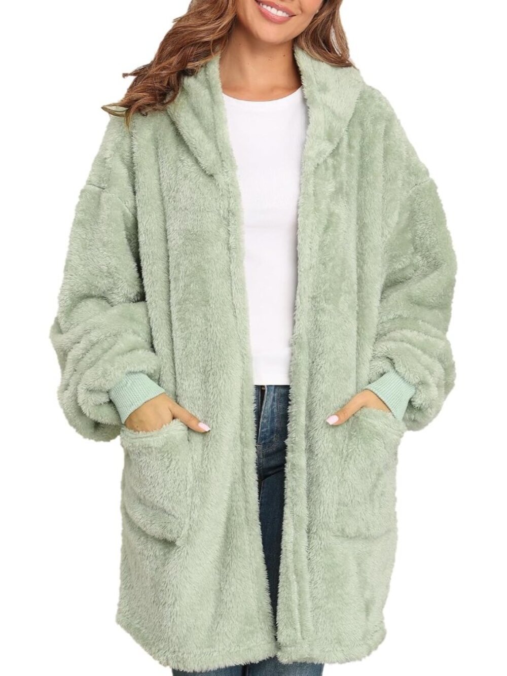 Unisex Sage Green Shawl Collar Overcoat Front Hooded Blanket Hoodie Jackets